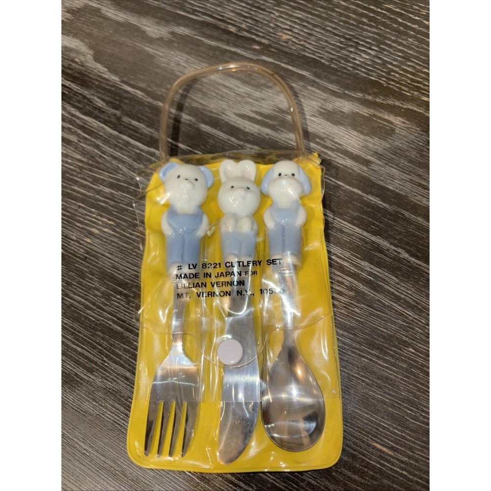 Vintage Lillian Vernon Child Ceramic & Stainless Steel Flatware Set Of 3
